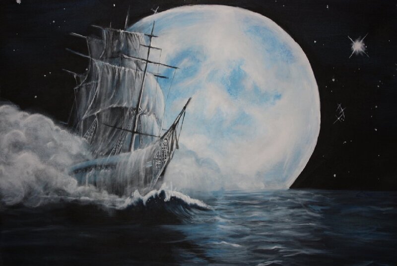 Sailing Ship in Storm — Blue, Dramatic, Night, Painting, Moon