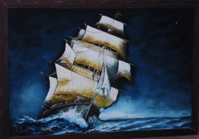Sailing Ship in Storm — Blue, Dramatic, Night, Painting