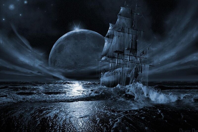 Sailing Ship in Storm — Blue, Dramatic, Night
