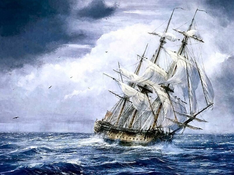 Sailing Ship in Storm — Blue, Dramatic, Painting, Ocean, Clouds, Birds