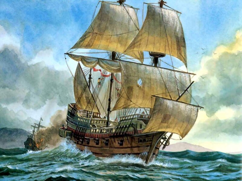 Sailing Ship in Storm — Blue, Dramatic, Painting, Ocean, Clouds, Green, Brown