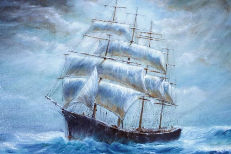 Sailing Ship in Storm — Blue, Dramatic, Painting, Ocean, Clouds, Sails