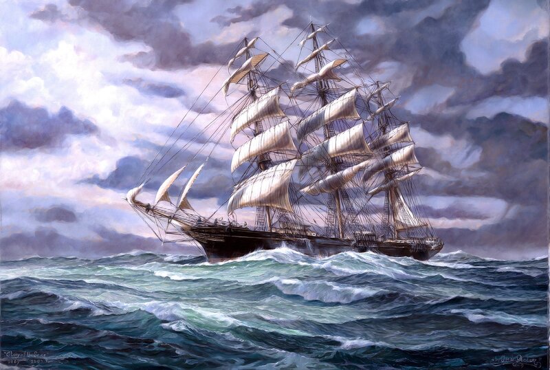Sailing Ship in Storm — Blue, Dramatic, Painting, Ocean, Clouds, Sails, White, Gray