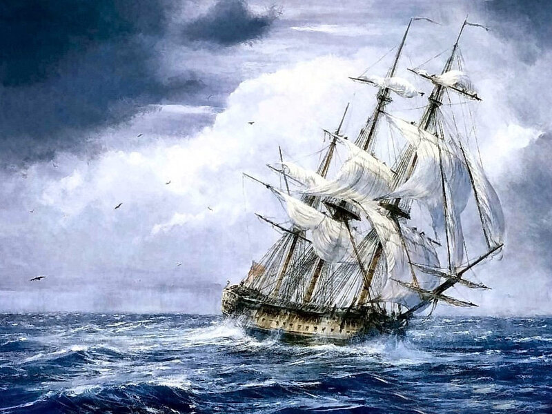 Sailing Ship in Storm — Blue, Dramatic, Painting, Ocean, Clouds