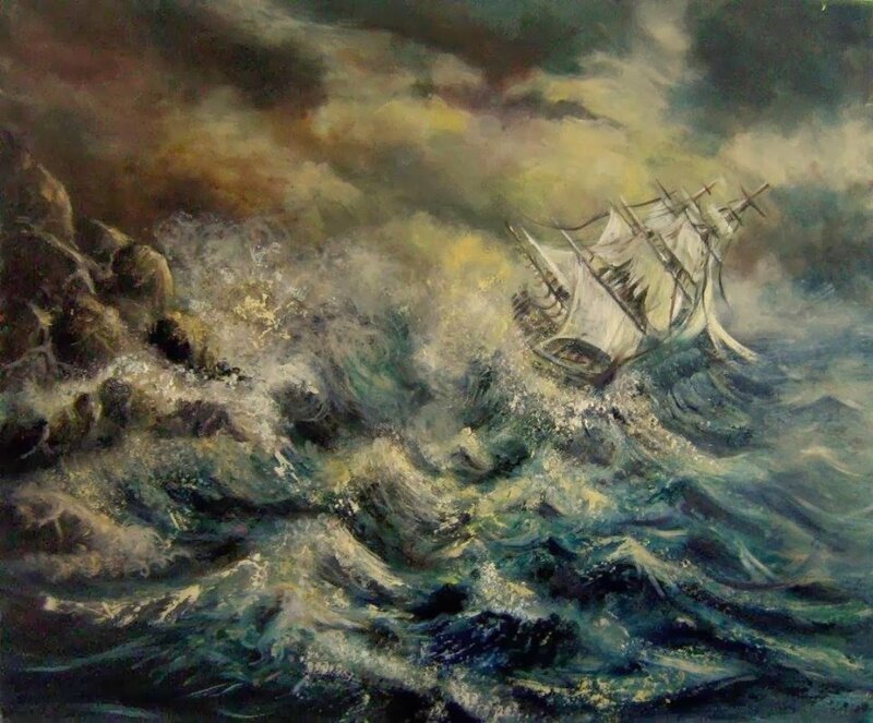 Sailing Ship in Storm — Blue, Dramatic, Painting, Ocean, Rocks