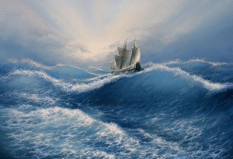 Sailing Ship in Storm — Blue, Dramatic, Painting, Ocean