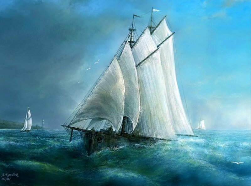 Sailing Ship in Storm — Blue, Dramatic, Painting, Sailboats