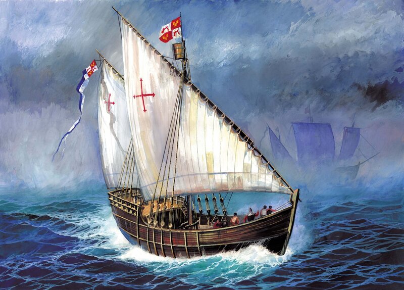 Sailing Ship in Storm — Blue, Dramatic, Painting, Sails, Flags