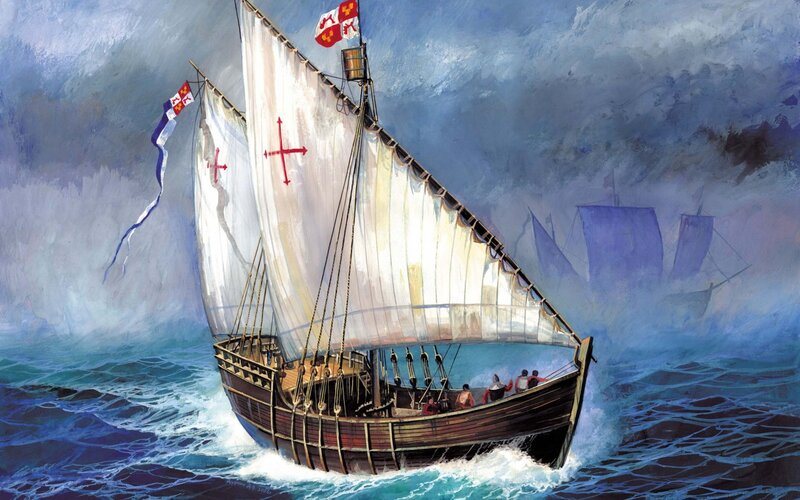Sailing Ship in Storm — Blue, Dramatic, Painting, Sails