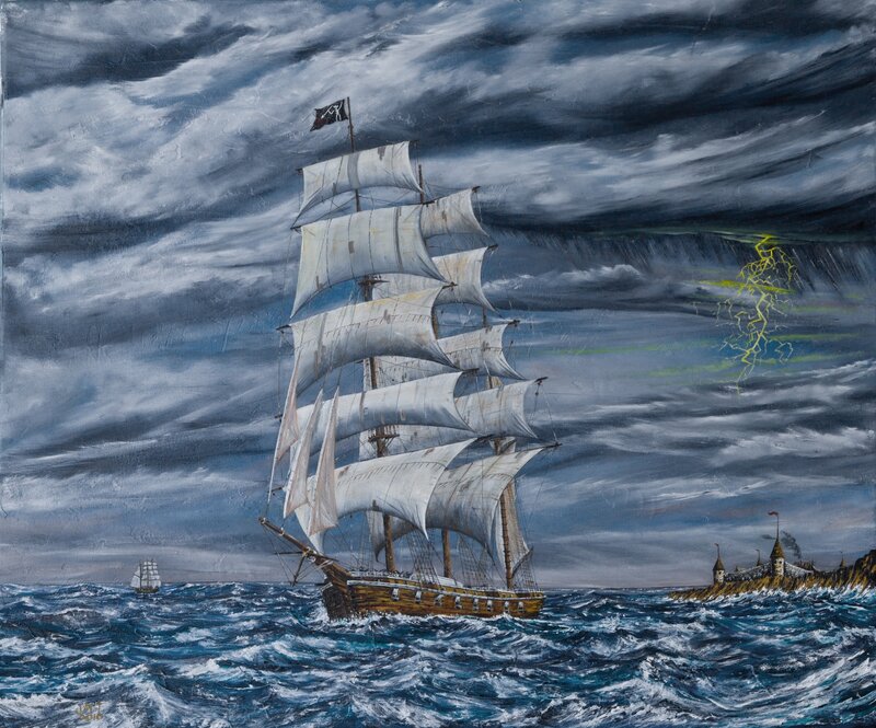 Sailing Ship in Storm — Blue, Dramatic, Painting, Storm Clouds