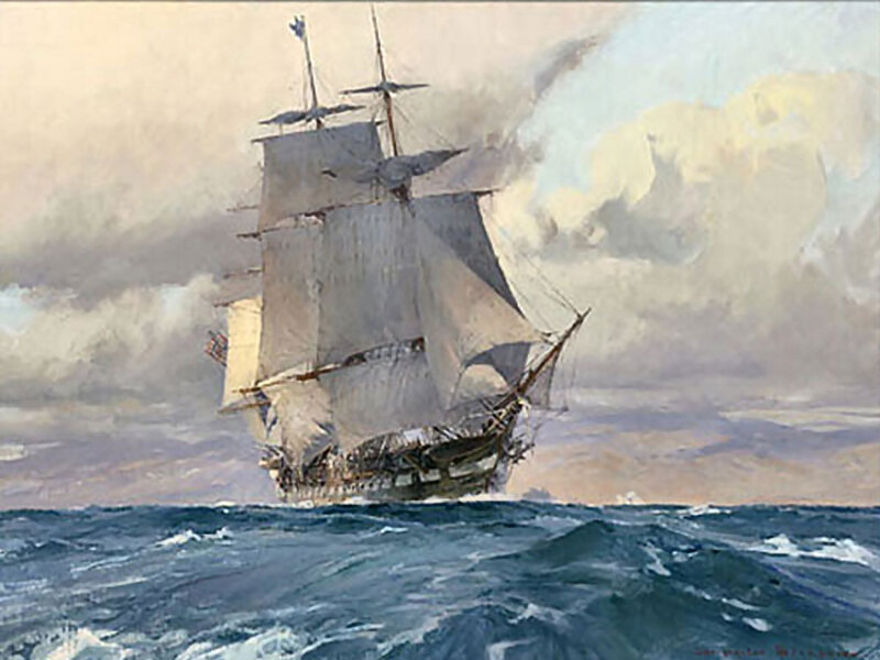 Sailing Ship in Storm — Blue, Dramatic, Painting