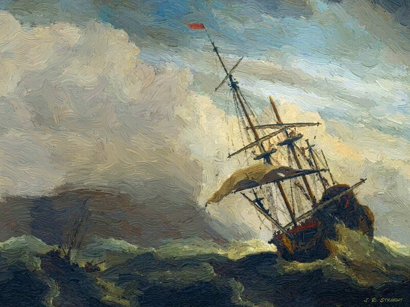Sailing Ship in Storm — Blue, Dramatic, Painting, Waves, Clouds