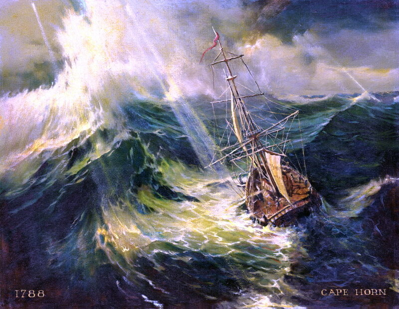 Sailing Ship in Storm — Blue, Dramatic, Painting, Waves, Sky