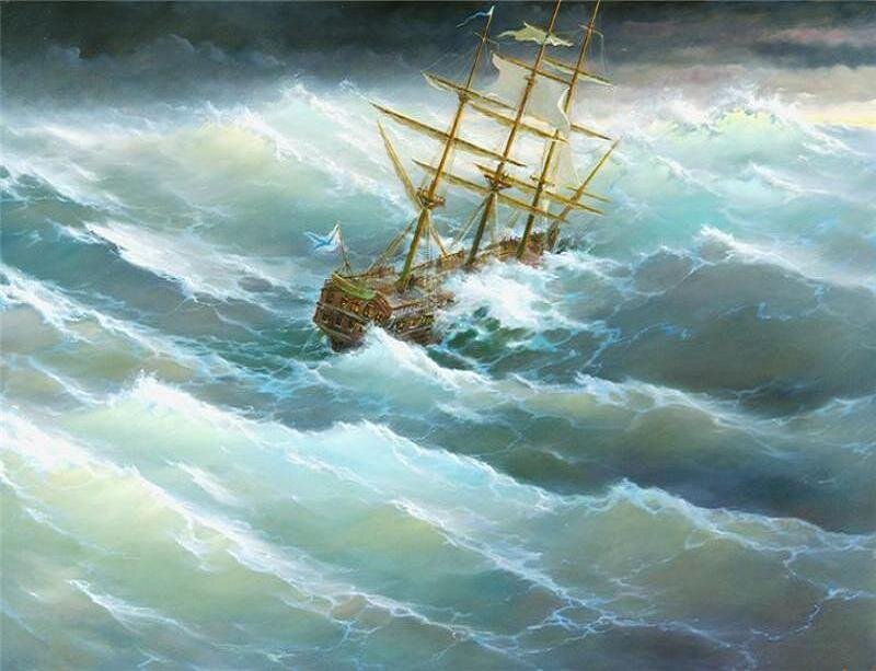 Sailing Ship in Storm — Blue, Dramatic, Painting, Waves