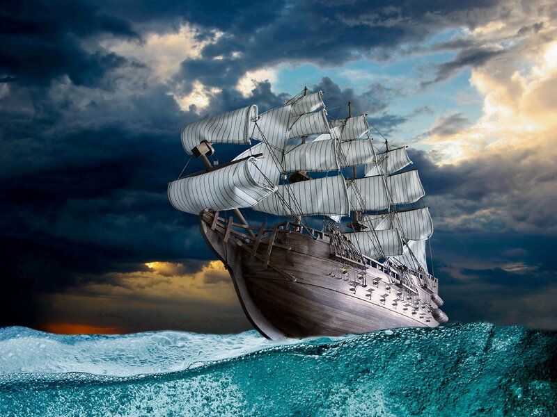 Sailing Ship in Storm — Blue, Dramatic, Sunset, Digital Art, Ocean