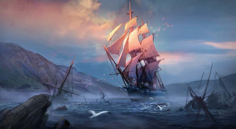 Sailing Ship in Storm — Blue, Dramatic, Sunset, Digital Art, Shipwreck