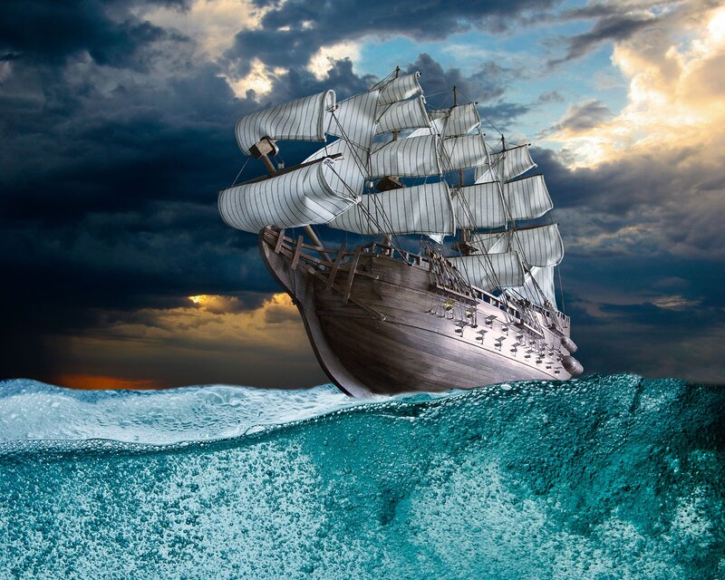 Sailing Ship in Storm — Blue, Dramatic, Sunset, Digital Art