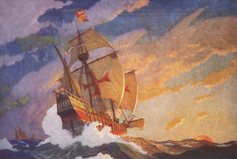 Sailing Ship in Storm — Blue, Dramatic, Sunset, Painting, Ocean, Sky, Sun