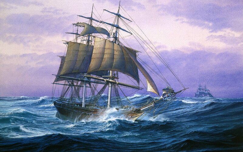 Sailing Ship in Storm — Blue, Dramatic, Sunset, Painting, Ocean, Sky