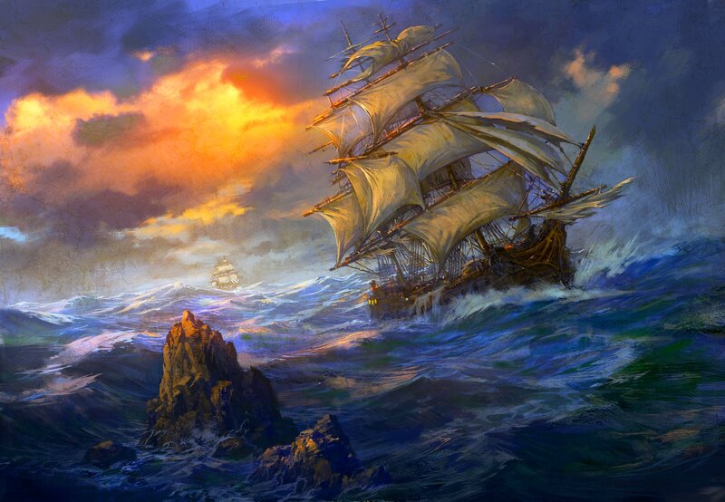 Sailing Ship in Storm — Blue, Dramatic, Sunset, Painting, Ocean