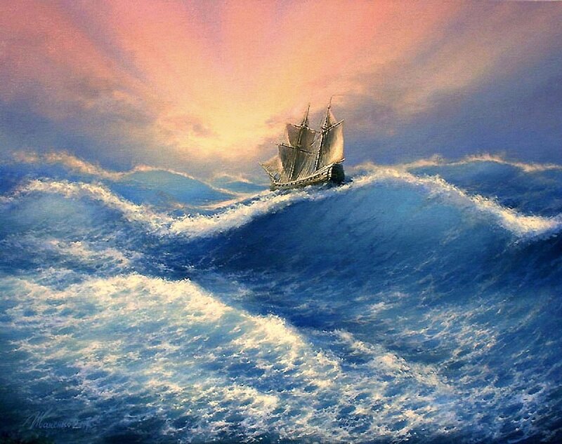 Sailing Ship in Storm — Blue, Dramatic, Sunset, Painting, Ocean, Waves