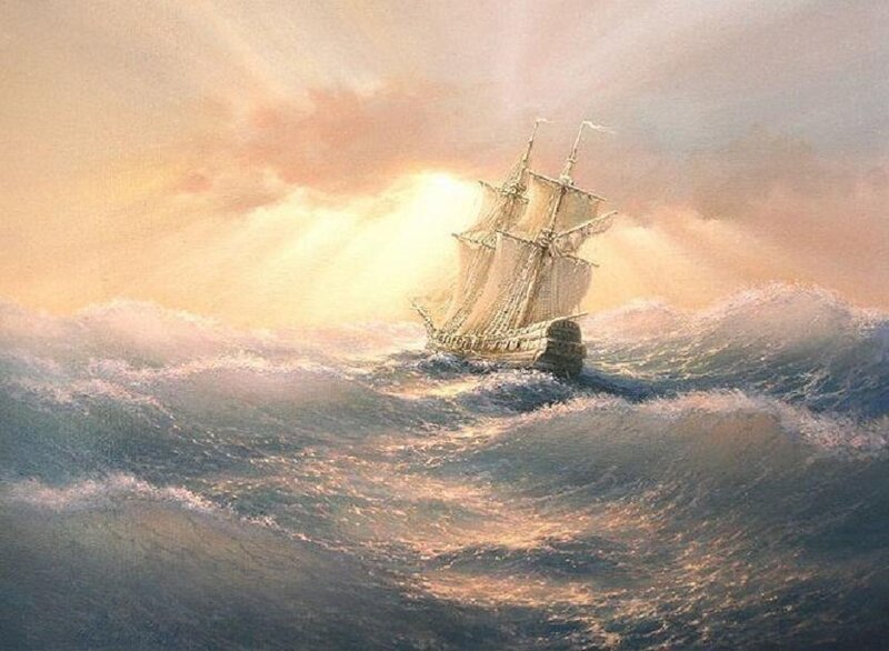 Sailing Ship in Storm — Blue, Dramatic, Sunset, Painting
