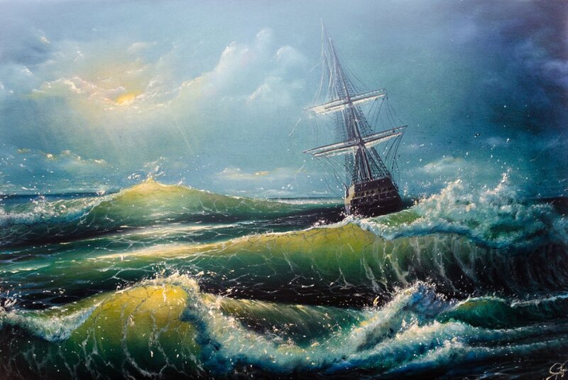 Sailing Ship in Storm — Blue, Dramatic, Sunset, Painting, Waves, Sky