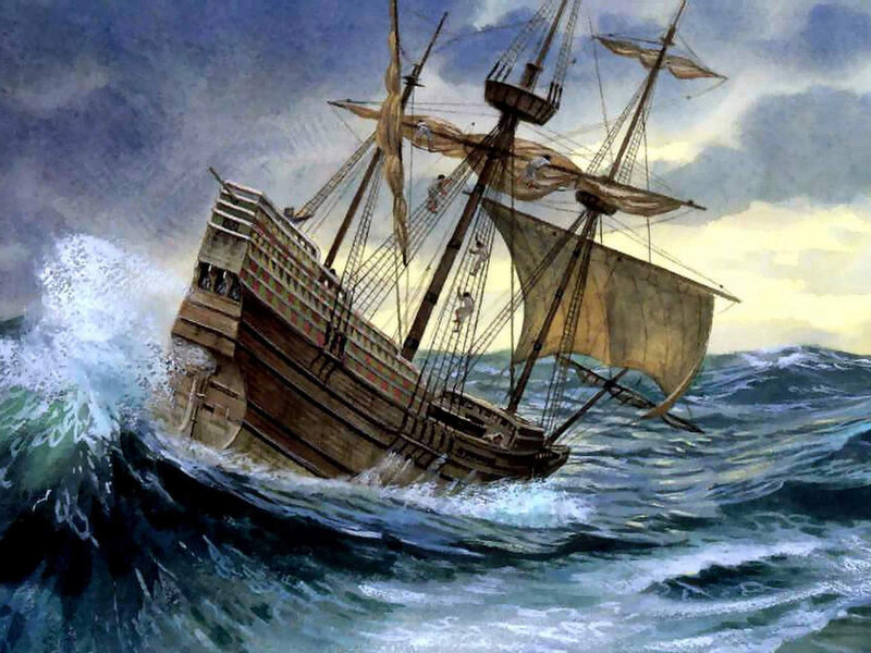 Sailing Ship in Storm — Blue, Dramatic, Sunset, Painting, Waves