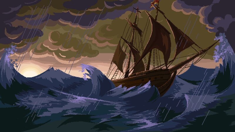 Sailing Ship in Storm — Blue, Dramatic, Sunset, Pixel Art