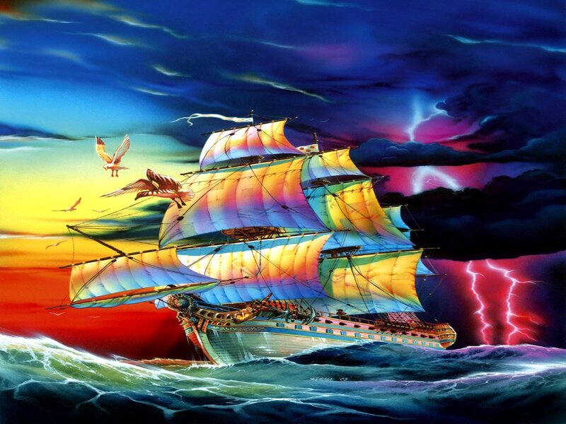 Sailing Ship in Storm — Blue, Dramatic, Sunset
