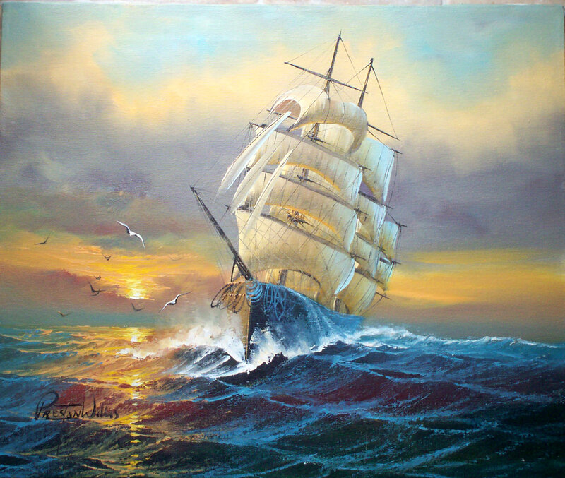 Sailing Ship in Storm — Blue, Dramatic