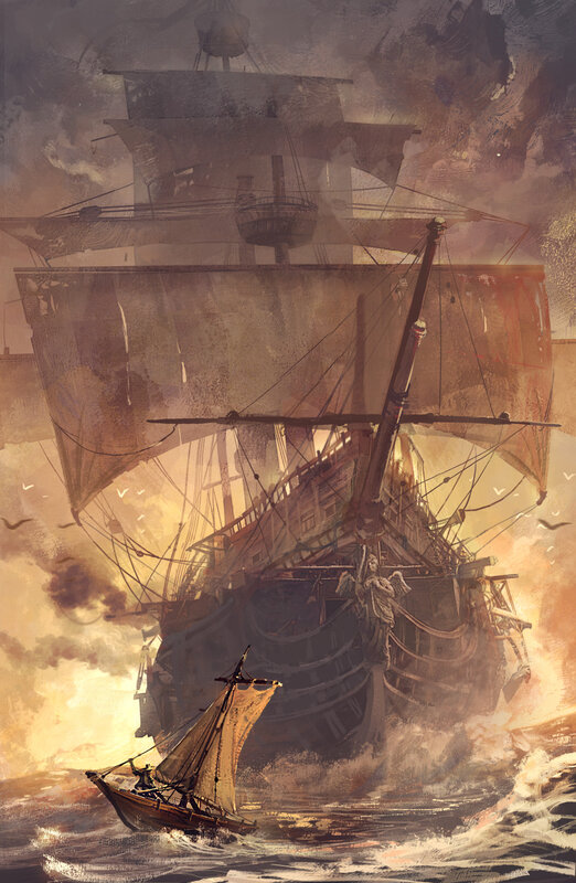 Sailing Ship in Storm — Brown, Dramatic, Sunset, Illustration