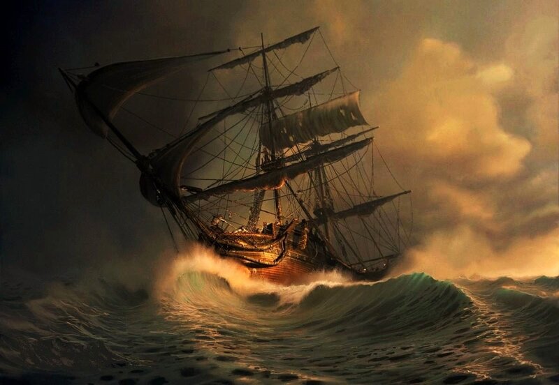 Sailing Ship in Storm — Brown, Dramatic, Sunset