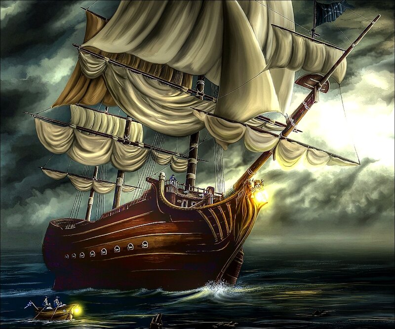Sailing Ship in Storm — Brown, Dramatic