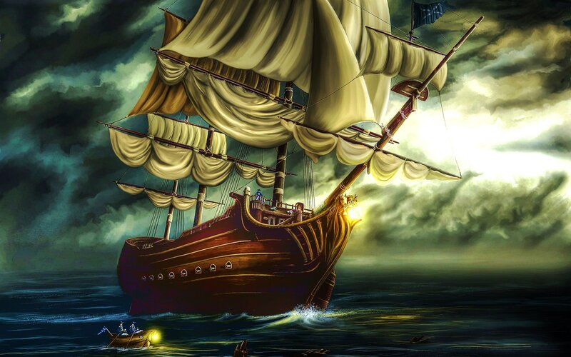 Sailing Ship in Storm — Dark Blue, Dramatic, Night, Digital Art, Boat