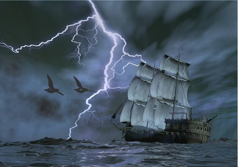 Sailing Ship in Storm — Dark Blue, Dramatic, Night, Digital Art, Lightning