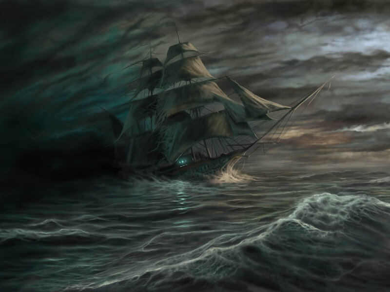 Sailing Ship in Storm — Dark Blue, Dramatic, Night, Digital Art, Ocean, Clouds