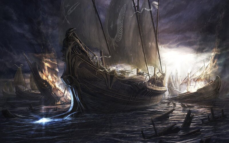Sailing Ship in Storm — Dark Blue, Dramatic, Night, Digital Art, Ships