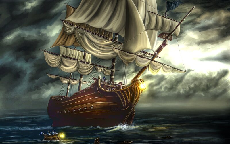 Sailing Ship in Storm — Dark Blue, Dramatic, Night, Digital Art, Storm Clouds