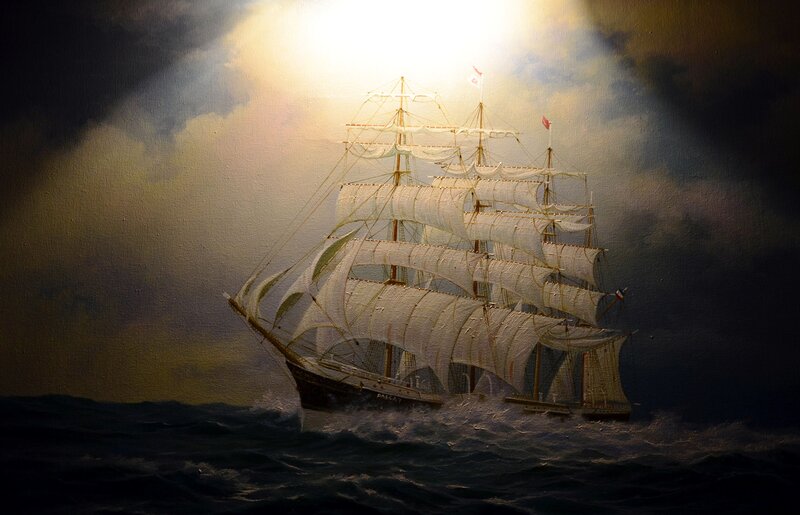 Sailing Ship in Storm — Dark Blue, Dramatic, Night, Painting