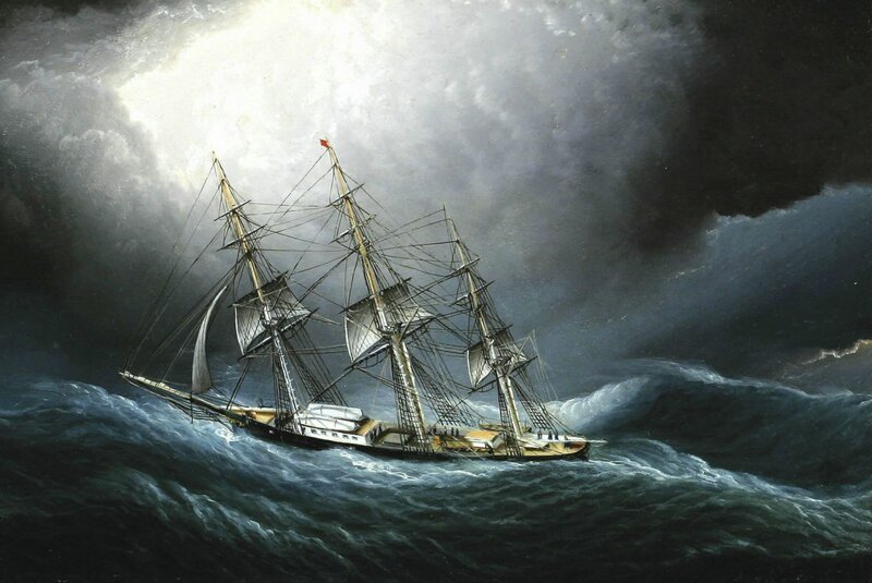 Sailing Ship in Storm — Dark Blue, Dramatic, Night, Painting, Waves