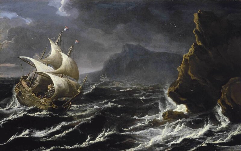Sailing Ship in Storm — Dark Blue, Dramatic