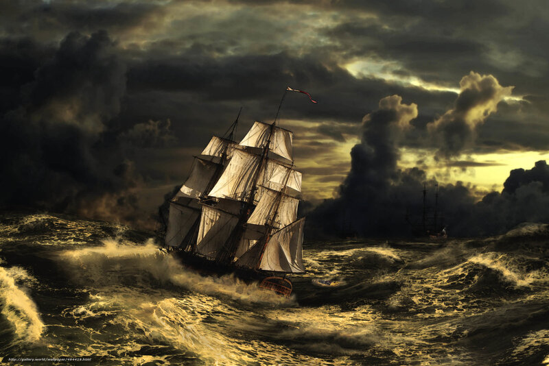 Sailing Ship in Storm — Dark Gray, Dramatic, Sunset, Digital Art