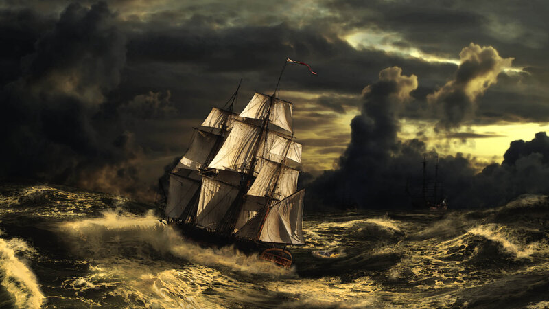 Sailing Ship in Storm — Dark Gray, Dramatic, Sunset