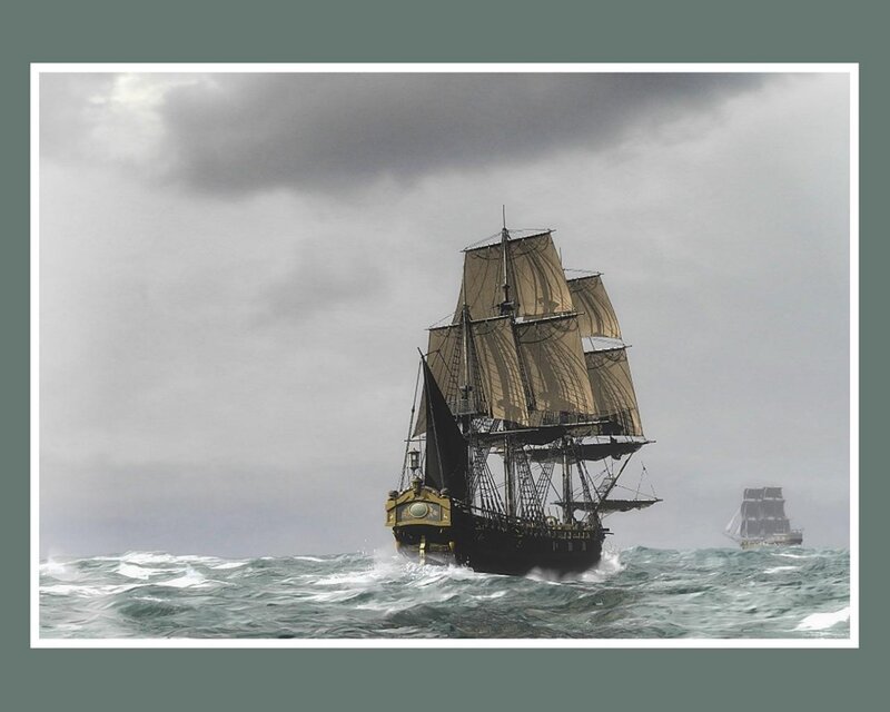 Sailing Ship in Storm — Gray, Dramatic, Digital Art, Ocean, Clouds, Black