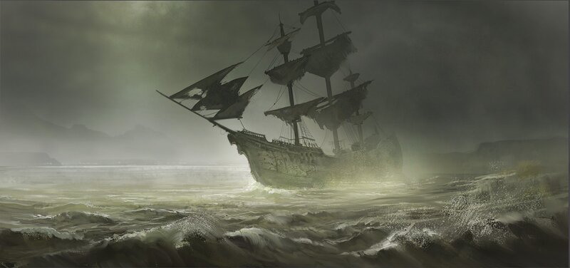 Sailing Ship in Storm — Gray, Dramatic, Digital Art, Ocean, Clouds, Mountains