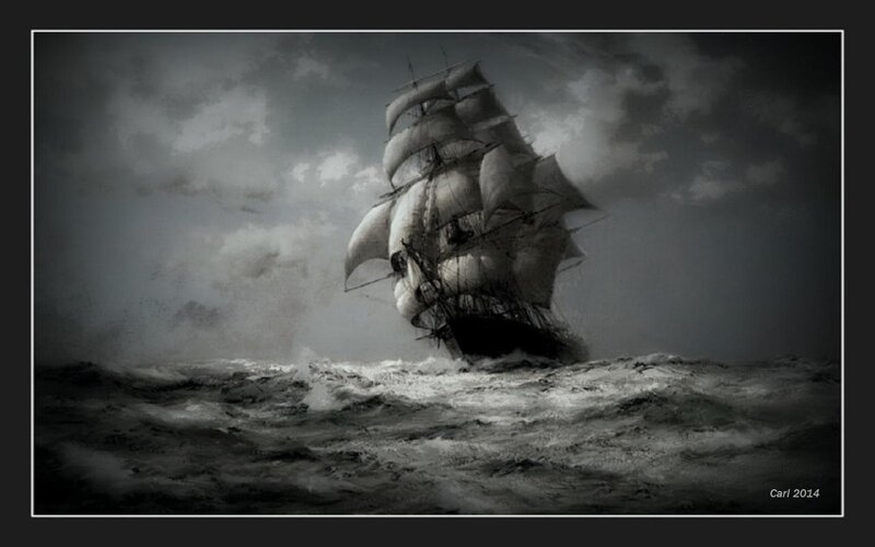 Sailing Ship in Storm — Gray, Dramatic, Digital Art, Ocean