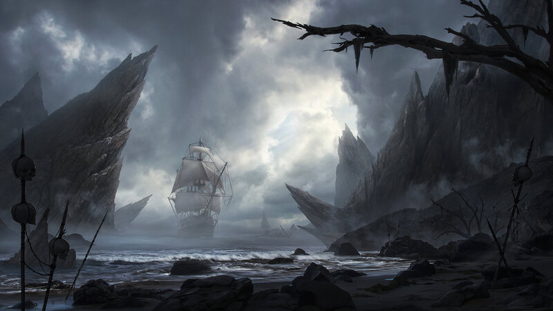 Sailing Ship in Storm — Gray, Dramatic, Digital Art, Rocks