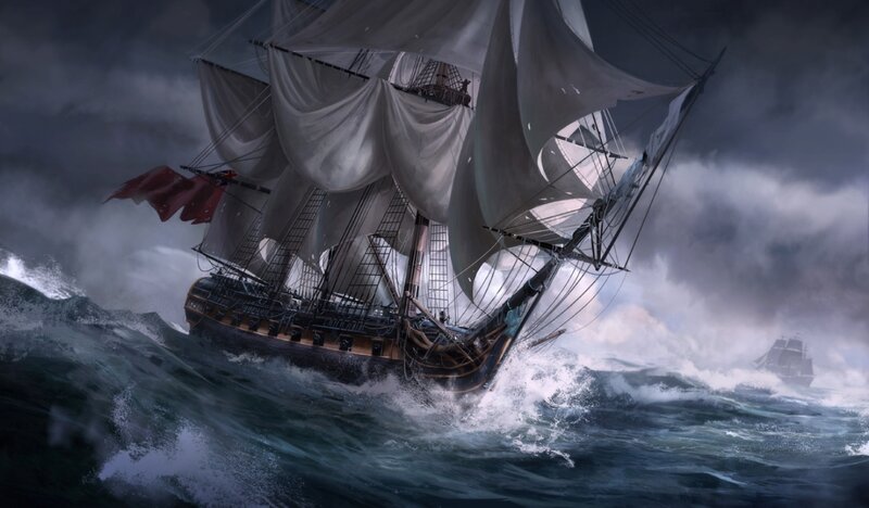 Sailing Ship in Storm — Gray, Dramatic, Digital Art