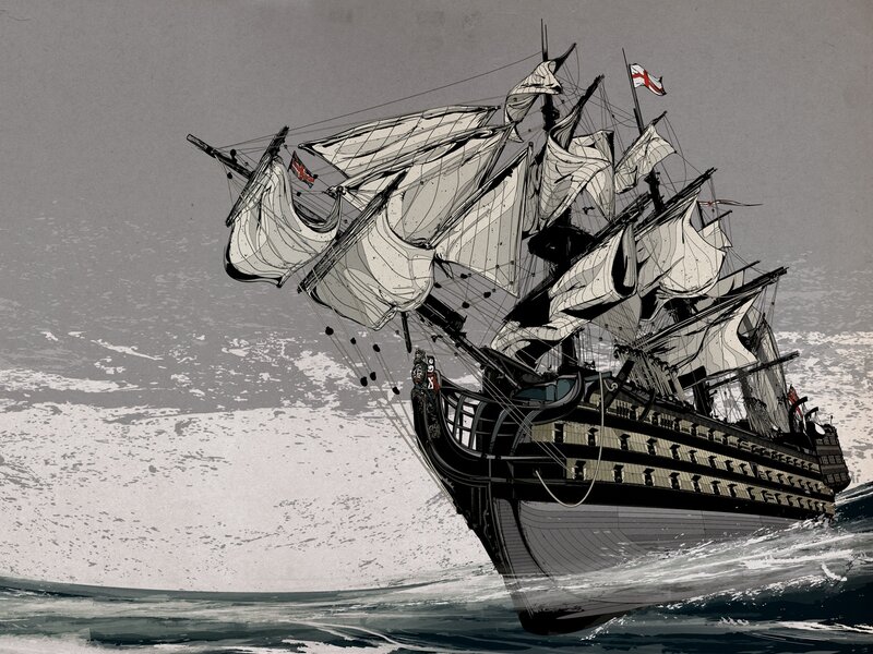 Sailing Ship in Storm — Gray, Dramatic, Illustration